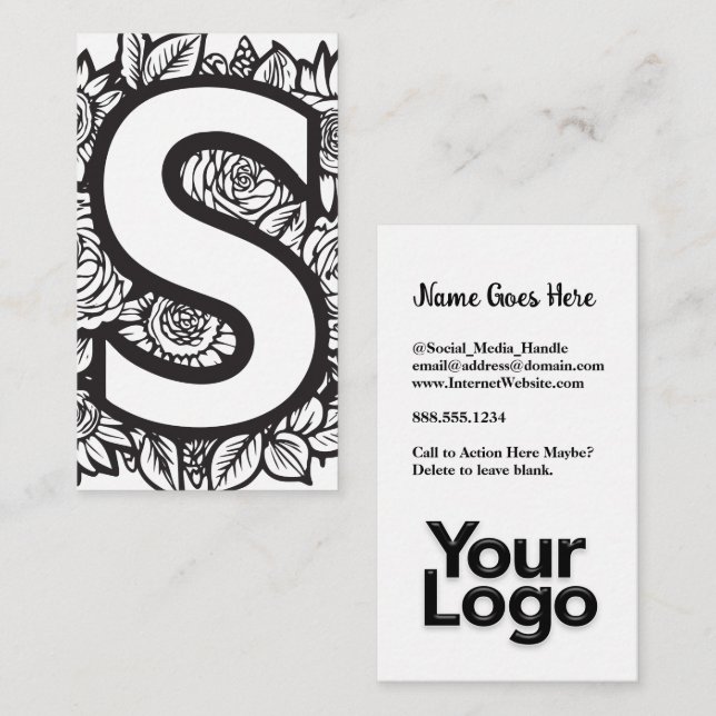 Mit Monogramm S Floral Black and White Company Log Visitenkarte (Vorne/Hinten)