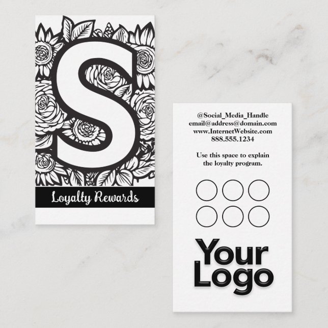 Mit Monogramm S Floral Black and White Company Log Visitenkarte (Vorne/Hinten)