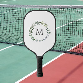 Mit Monogramm Sage Green Blätter Grünfläche Kranz Pickleball Schläger