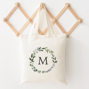 Mit Monogramm Sage Green Blätter Grünfläche Kranz Tragetasche