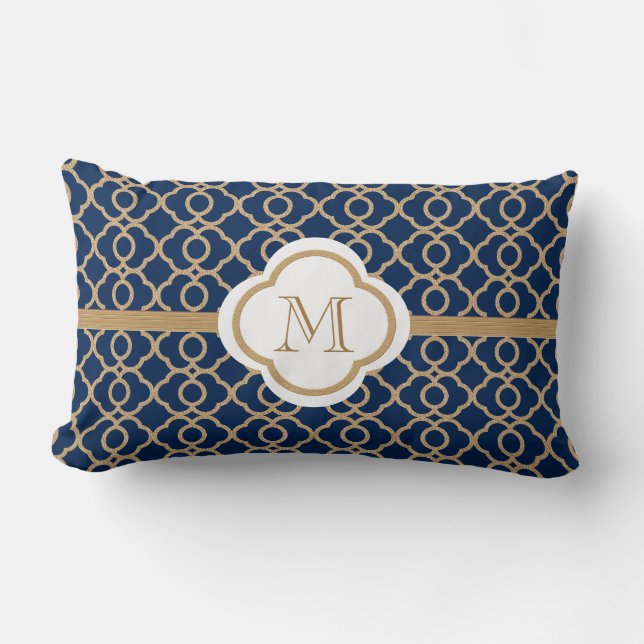 Mit Monogramm Sapphire Blue und Gold Marokko Lendenkissen (Vorderseite)