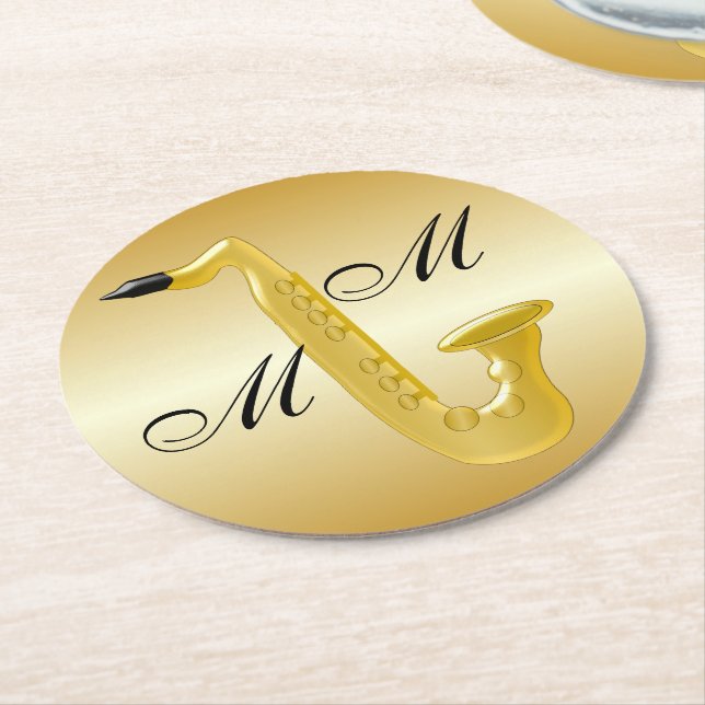 Mit Monogramm Saxophone-Gold gefärbt Runder Pappuntersetzer (Angewinkelt)