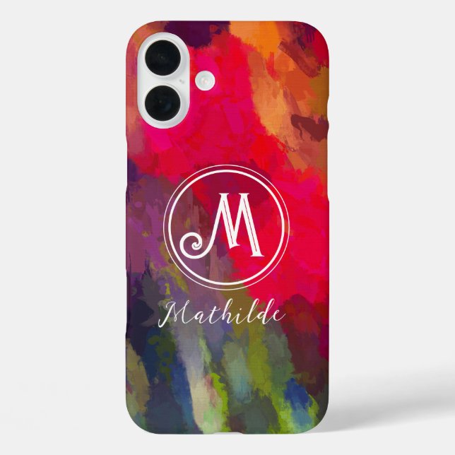 Mit Monogramm Scarlet Abstrakt Art Muster iPhone 16 Plus Hülle (Rückseite)