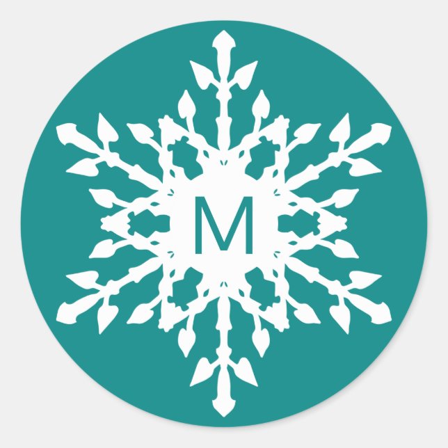 Mit Monogramm Schneeflocke auf Aquamarin Runder Aufkleber (Vorderseite)