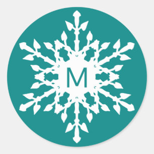 Mit Monogramm Schneeflocke auf Aquamarin Runder Aufkleber