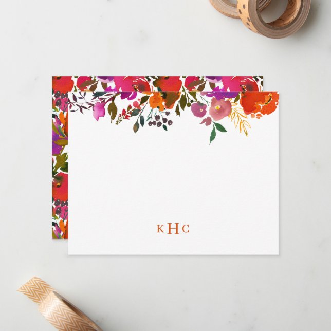 Mit Monogramm Schreibgerät mit lebendiger floraler Mitteilungskarte (Vorderseite/Rückseite Beispiel)