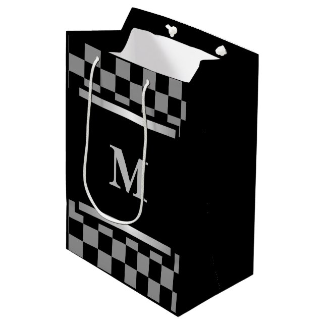 Mit Monogramm schwarz geprüft Mittlere Geschenktüte (Vorderseite Schrägansicht)