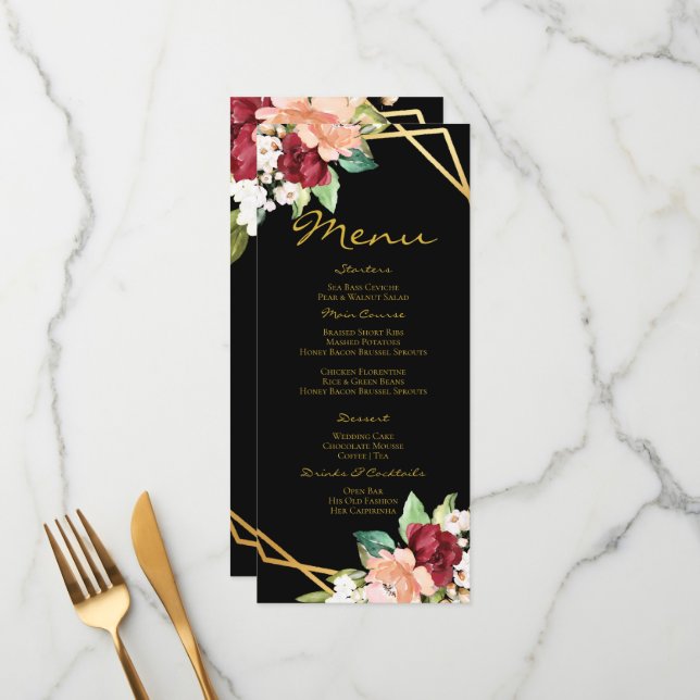 Mit Monogramm Schwarz-Gold-Blumenhochzeit Menükarte (Vorderseite/Rückseite Beispiel)