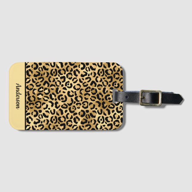 Mit Monogramm Schwarz-Gold-Leopard-PrintCheetah Gepäckanhänger (Vorderseite (Horizontal))