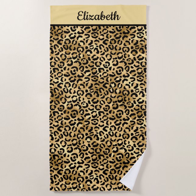 Mit Monogramm Schwarz-Gold-Leopard-PrintCheetah Strandtuch (Vorderseite)