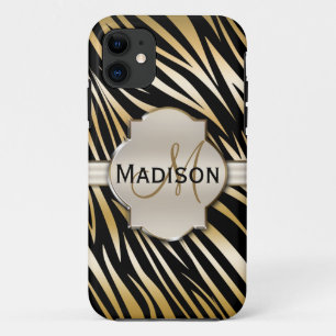 Mit Monogramm Schwarz-Gold-Zebra-Druckmuster iPhone 11 Hülle