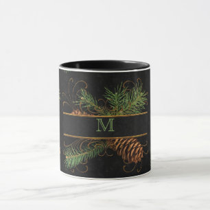 Mit Monogramm Schwarz-Pine-Cone-Holz Thema Tasse