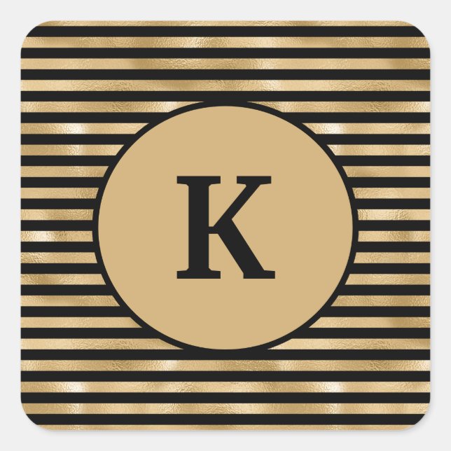 Mit Monogramm Schwarz und Gold gestreift Chic Mode Quadratischer Aufkleber (Vorderseite)