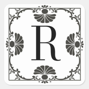 Mit Monogramm Schwarz-Weiß-Aufkleber R Quadratischer Aufkleber