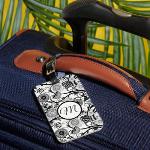 Mit Monogramm Schwarz-Weiß-Blüten-Abstrakt Gepäckanhänger