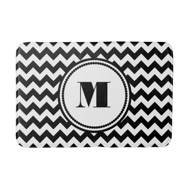 Mit Monogramm, Schwarz-weiß gestreiftes Zickzack M Badematte (Vorderseite)