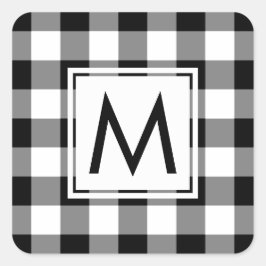 Mit Monogramm Schwarz-Weiß-Gingham-Kariertes Muste Quadratischer Aufkleber