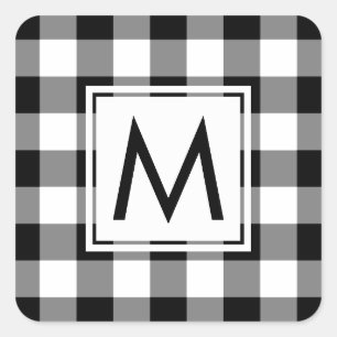 Mit Monogramm Schwarz-Weiß-Gingham-Kariertes Muste Quadratischer Aufkleber