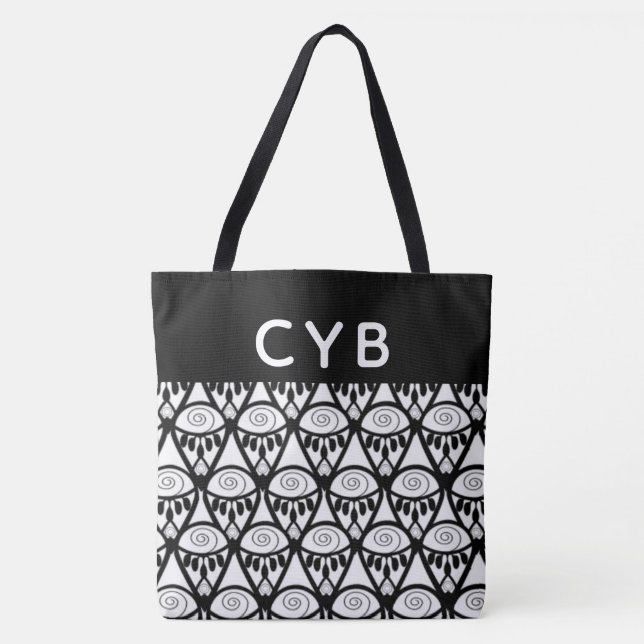 Mit Monogramm Schwarz-Weiß-Henna-Muster Tasche (Vorderseite)