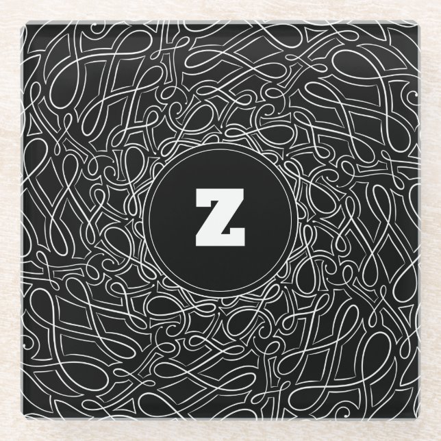 Mit Monogramm Schwarz-Weiß-Muster Swirt Moderne Glasuntersetzer (Vorderseite)