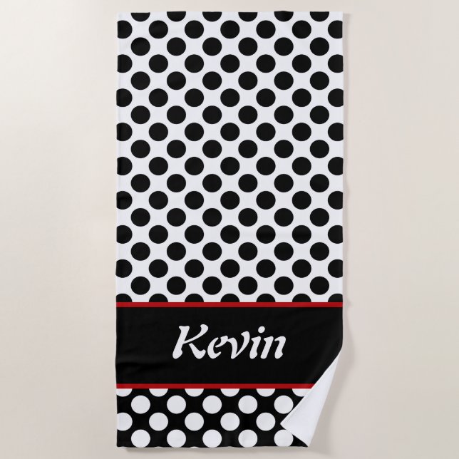 Mit Monogramm Schwarz/Weiß Polka Dot Beach Handtuc Strandtuch (Vorderseite)