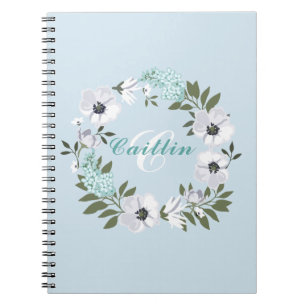 Mit Monogramm Schwarz, Weiß und Aquamarines Blumen Notizblock