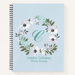 Mit Monogramm Schwarz, Weiß und Aquamarines Blumen Notizbuch