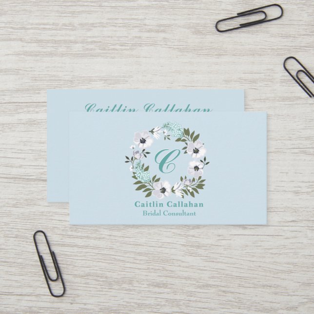 Mit Monogramm Schwarz, Weiß und Aquamarines Blumen Visitenkarte (Vorderseite/Rückseite Beispiel)