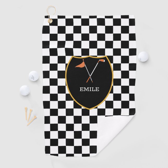 Mit Monogramm Schwarz-weiße Karo & Golf Club & Fah Golfhandtuch (Insitu)