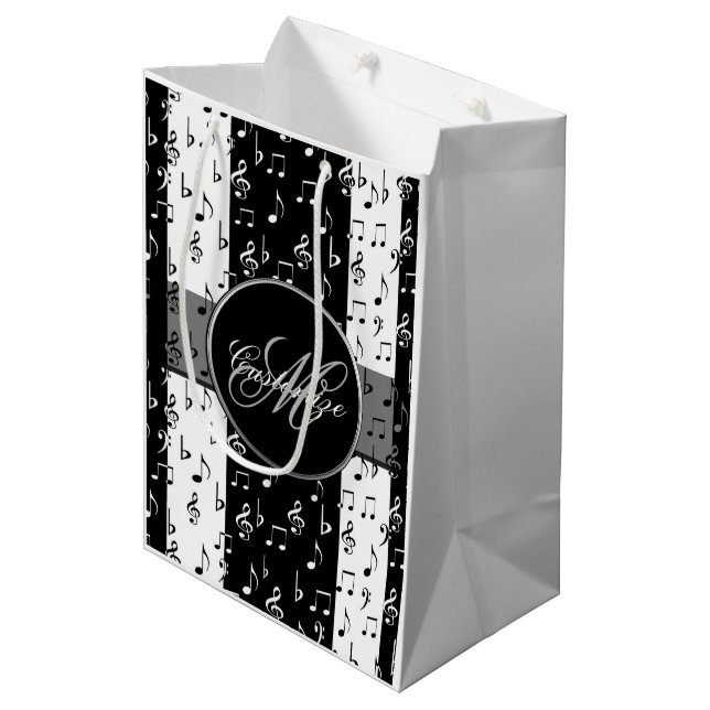 Mit Monogramm schwarz-weiße Streifen 2 Mittlere Geschenktüte (Vorderseite Schrägansicht)