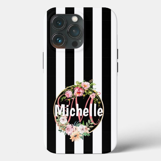 Mit Monogramm schwarz-weiße Streifen mit rosa Blum Case-Mate iPhone Hülle (Rückseite)