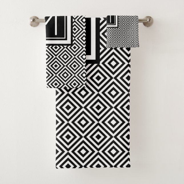 Mit Monogramm Schwarz-weißes geometrisches Muster Badhandtuch Set (Insitu)