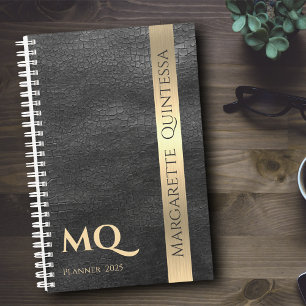 Mit Monogramm Schwarze Leder-Gold-Initialen Name 2 Planer