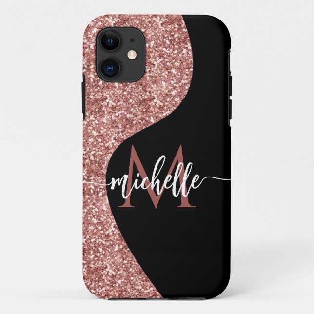 Mit Monogramm Schwarze Rose Gold Blush Pink Glitze Case-Mate iPhone Hülle (Rückseite)