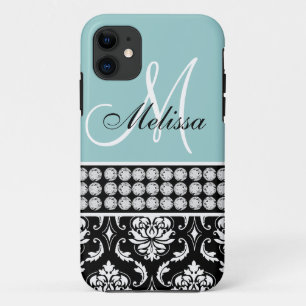 Mit Monogramm schwarzer Damast Druckdiamanten blau iPhone 11 Hülle