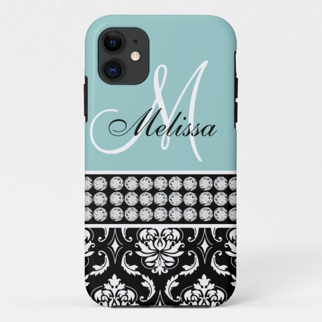 Mit Monogramm schwarzer Damast Druckdiamanten blau Case-Mate iPhone Hülle (Rückseite)