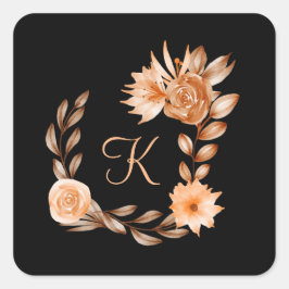 Mit Monogramm Schwarzes Brot und Pfirsichblüten Quadratischer Aufkleber