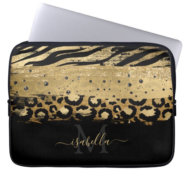 Mit Monogramm Schwarzes Gold Elegantes Script Gold Laptopschutzhülle (Vorderseite)