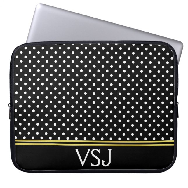 Mit Monogramm Schwarzweiss-Polka-Punkt-Muster Laptopschutzhülle (Vorderseite)