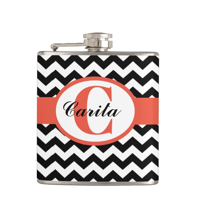 Mit Monogramm Schwarzweiß-Zickzack Vinyl-Flasche Flachmann (Vorderseite)