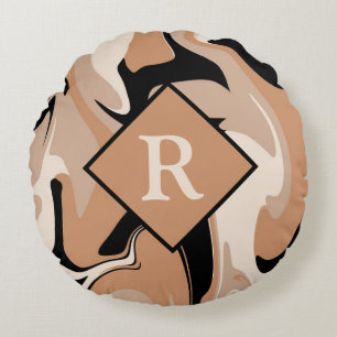 Mit Monogramm Schwarzweißcreme-Marmor Swirl-Muster Rundes Kissen