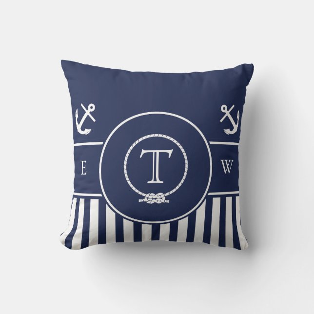 Mit Monogramm Seemarine-Blau-Anker und Linie Kissen (Vorderseite)