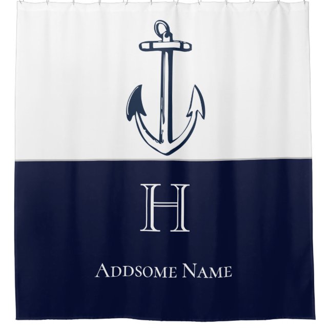 Mit Monogramm Show der Navy Blue Anchor Coastal Duschvorhang (Vorderseite)