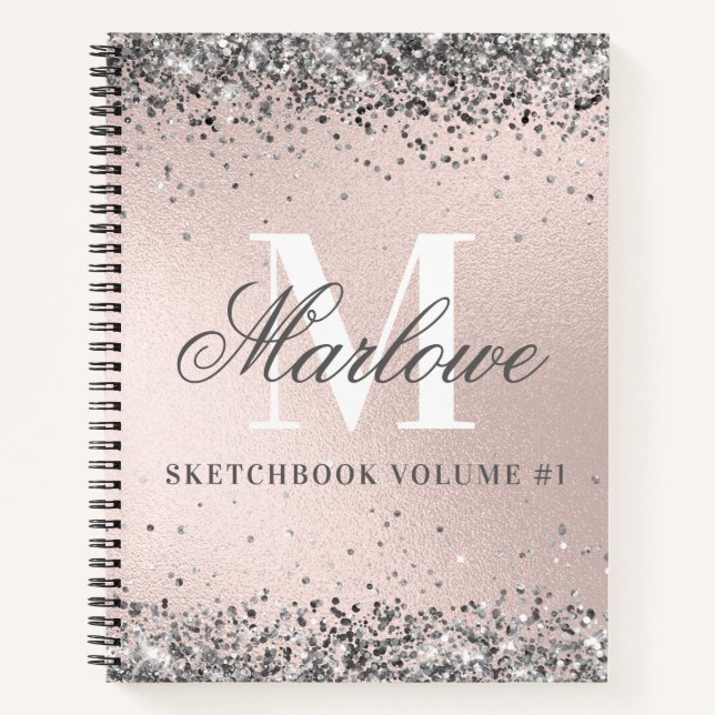 Mit Monogramm Silberner Glitzer Blush Pink Sketchb Notizbuch (Vorderseite)