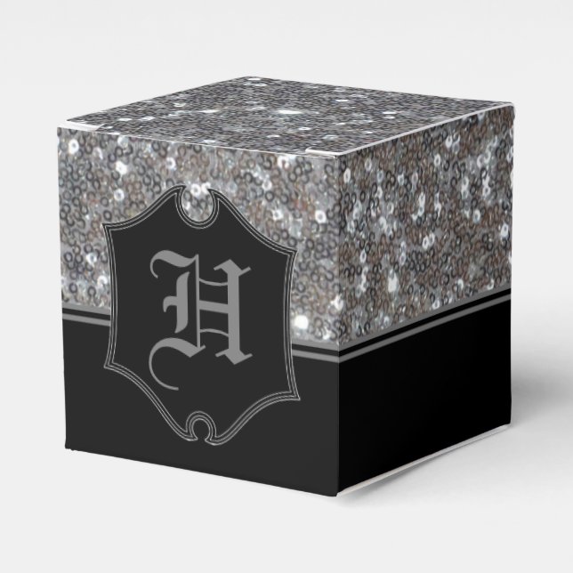 Mit Monogramm Silver Sparkle Imitate Glitzer Cube Geschenkschachtel (Vorderseite)