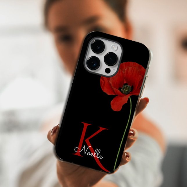 Mit Monogramm Single Roter Mohn auf schwarz Case-Mate iPhone Hülle (Von Creator hochgeladen)