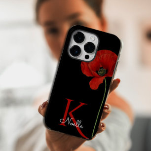 Mit Monogramm Single Roter Mohn auf schwarz iPhone Hülle