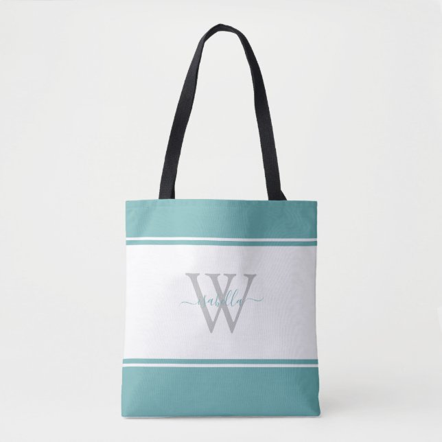 Mit Monogramm Skript Initial Aquamarin Tasche (Vorderseite)
