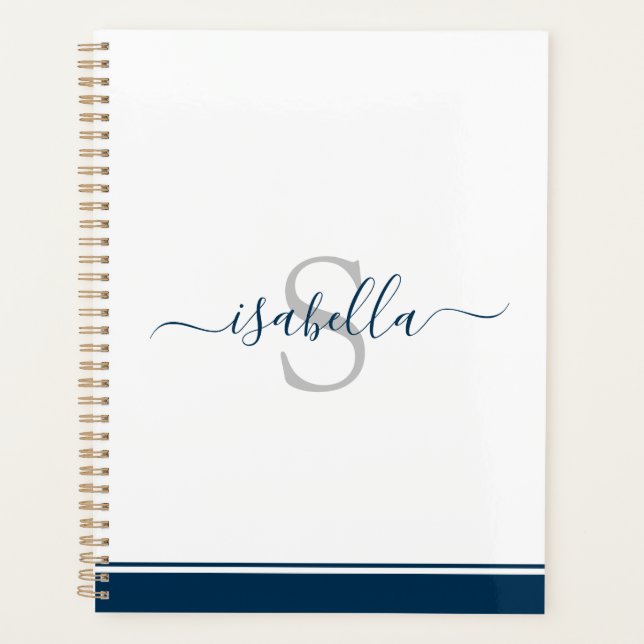 Mit Monogramm Skript Modernes Elegantes Navy Blue Planer (Vorderseite)