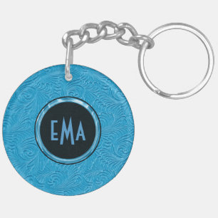 Mit Monogramm Sky Blue Embossed Blumenmuster Schlüsselanhänger